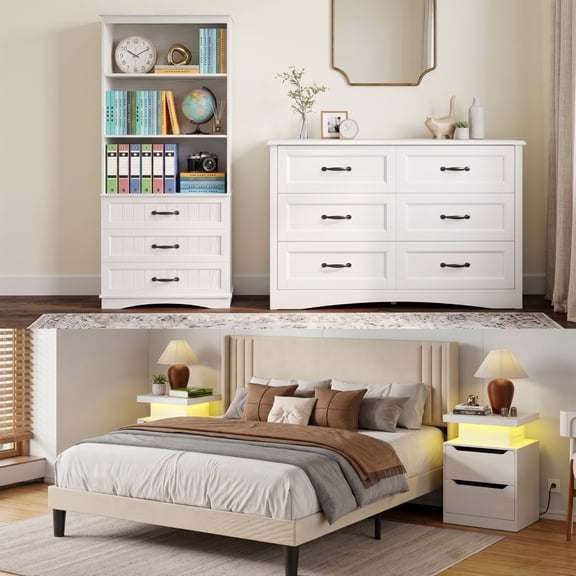 Bedroom Furniture Set, Asofer Queen Size Bed Frame with Headboard, 2 Nightstands, Bookcase & 6-Drawer Chest