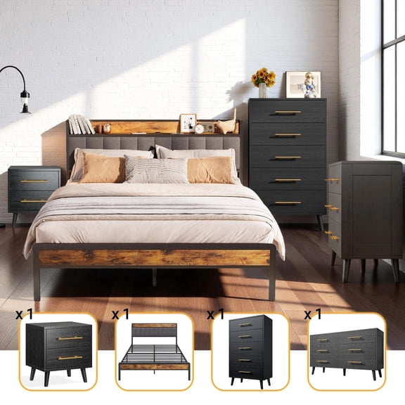 Bedroom Furniture Set, Black Mordern Bedroom Set with Queen Size Bed Frame, 2-Dresser Nightstands, 5-Drawer Dresser & Double Wide 6-Drawer Dresser for Apartment, Studio