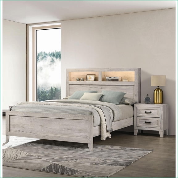 3pc Bedroom Furniture Set, Contemporary Eastern King Bed with Shelves & Light + 2 Nightstands, White Wash | Bookcase Beds | Engineered Wood