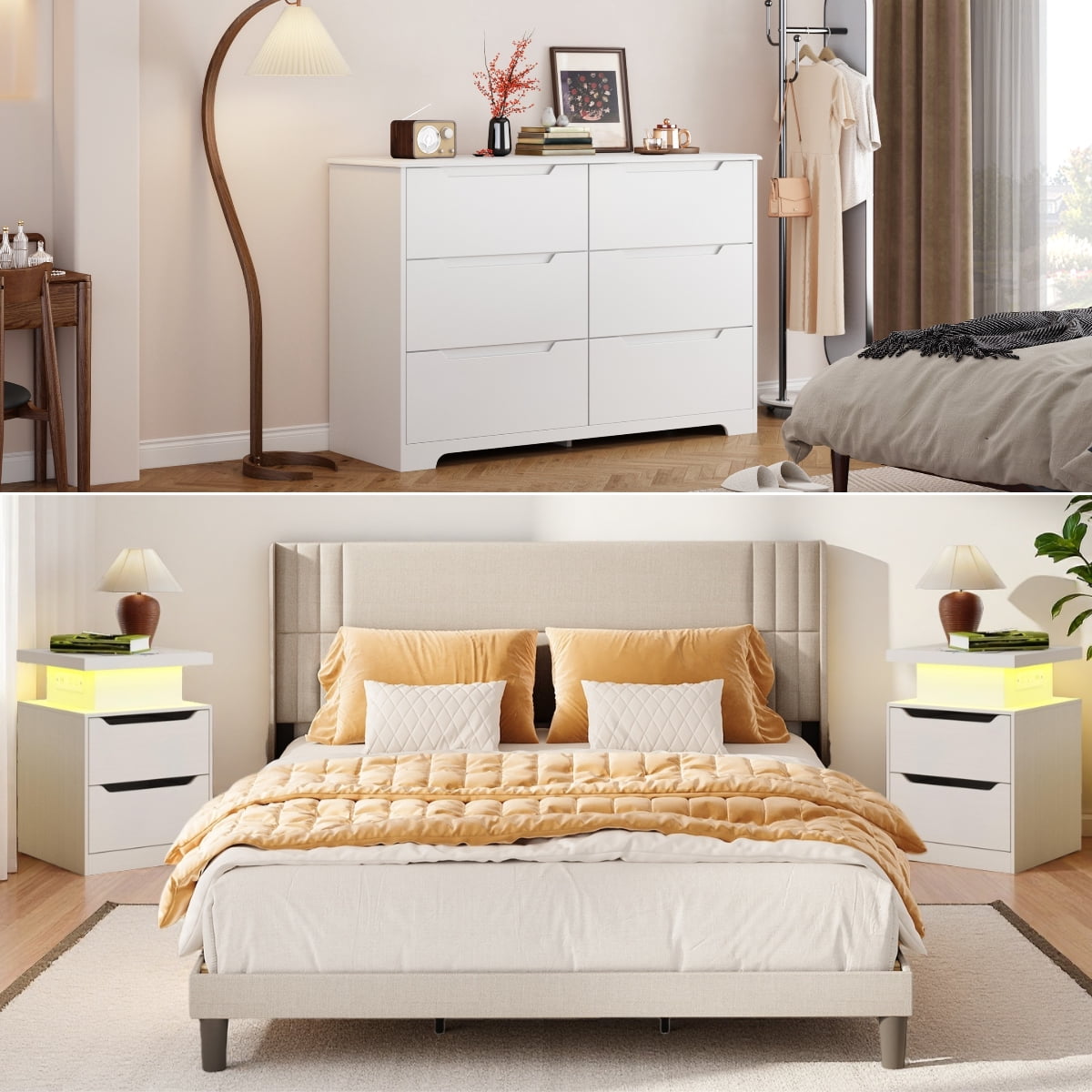 Bedroom Furniture Set - Includes Queen Bed Frame, Nightstands Set of 2 with Charging Station & Double Wide 6-Drawer Dresser - Modern Storage Solution for Stylish Home Decor