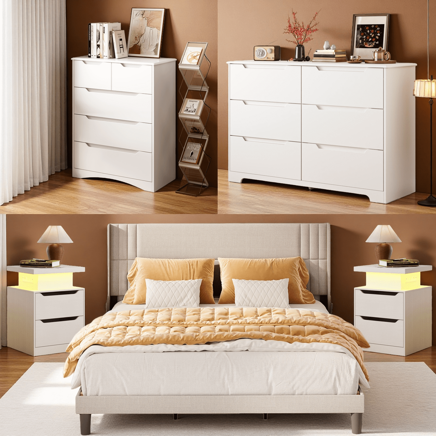 Walmart exclusive discounts  Lofka Bedroom Furniture Set, Queen Bed Frame, 2 Nightstands, 5-Drawer and 6-Drawer Dressers, Beige White