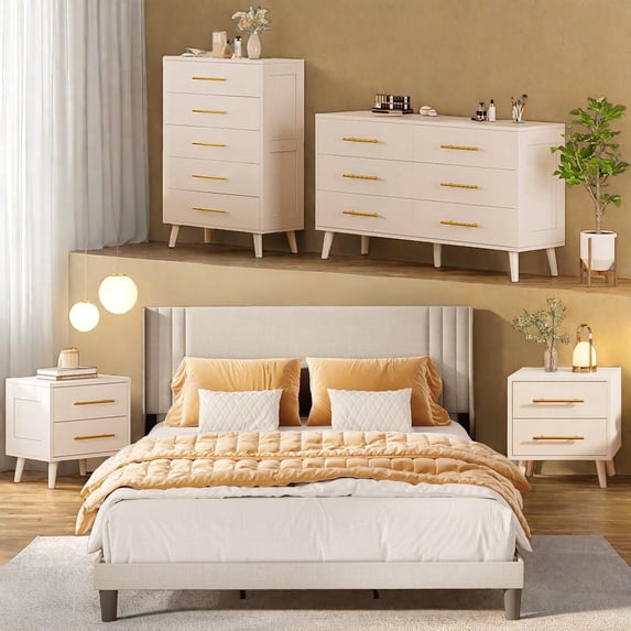 Bedroom Furniture Set - Includes Queen Bed Frame, Nightstands Set of 2, 5-Drawer Dresser & Double Wide 6-Drawer Dresser - Modern Storage Solution for Stylish Home Decor, Beige/White