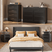 Bedroom Set - Includes Lift Up Storage Full Size Bed Frame (Dark Gray), Nightstands with Charging Station, 4-Drawer Dresser & Double Wide 6-Drawer Dresser - Modern Storage Solution for Home