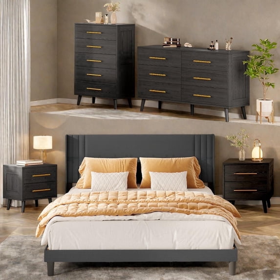 Lofka 5-Piece Bedroom Set, Dark Gray Queen Bed Frame with 2 Black Nightstands & 5/6 Drawer Dressers, Modern Dark Aesthetic Storage Furniture for Master Bedroom