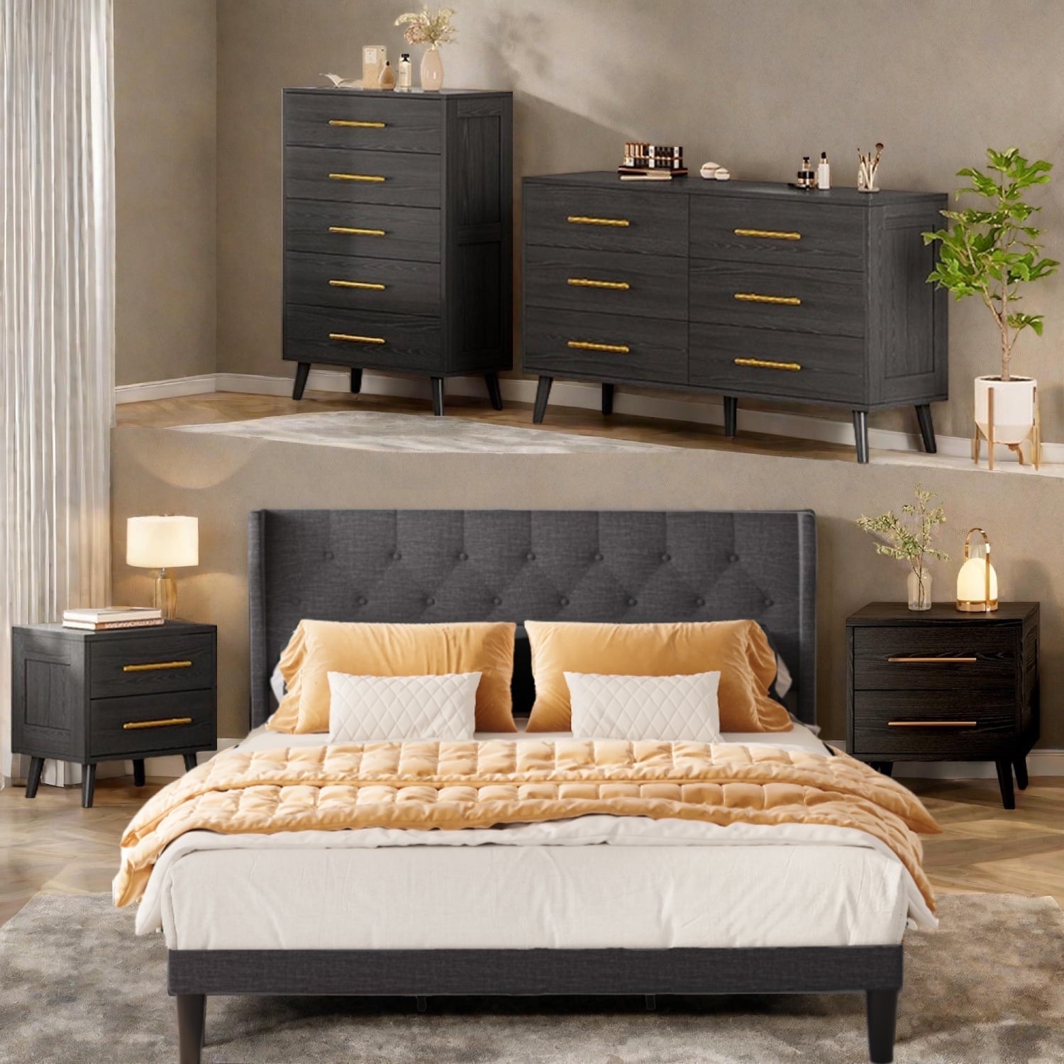 Walmart Deal of Bedroom Furniture Set - Includes Queen Bed Frame, Nightstands Set of 2, 5-Drawer Dresser & Double Wide 6-Drawer Dresser - Modern Storage Solution for Stylish Home Decor, Black