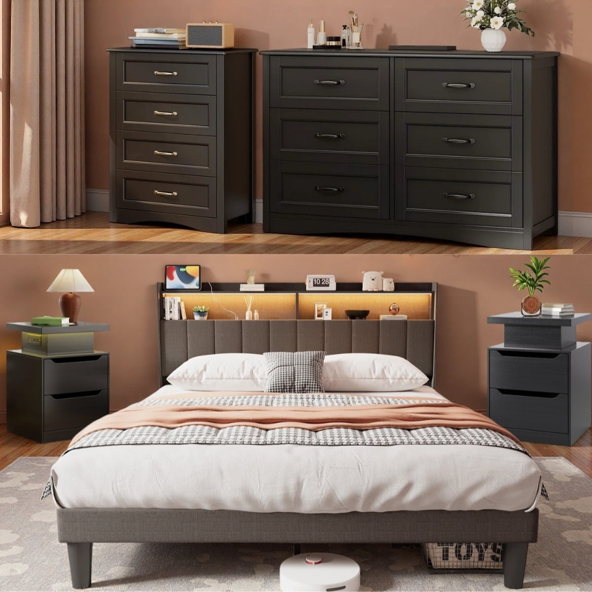 Bedroom Set - Includes Queen Size Bed Frame (Dark Gray), Nightstands with Charging Station, 4-Drawer Dresser & Double Wide 6-Drawer Dresser - Modern Storage Solution for Stylish Home Decor, Black