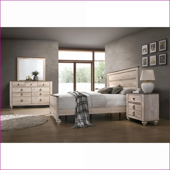 Bedroom Furniture Set - King 4-Piece Industrial Chic White Wash Solid Hardwood | Bed, Dresser, Mirror, Nightstand | Wood | Standard Beds