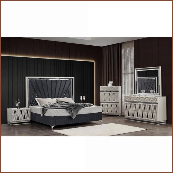 Bedroom Furniture Set King 5-Piece Modern Contemporary Wood River Sand Grey with LED Lights & Hydraulic Storage | Wood | Double Dressers