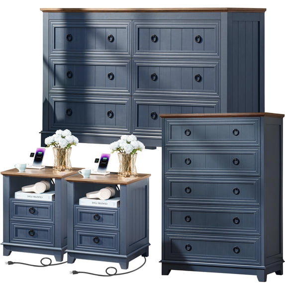 Bedroom Furniture Set, LEYAOYAO Large 6 Drawer Chest, 2 Nightstands with Charging Station & 5-Drawer Chest for Bedroom, Dark Blue