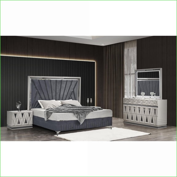 Bedroom Furniture Set: Lavita Modern 4 Pc King River Sand Grey Wood | Velvet LED Lights Hydraulic Storage | Double Dressers