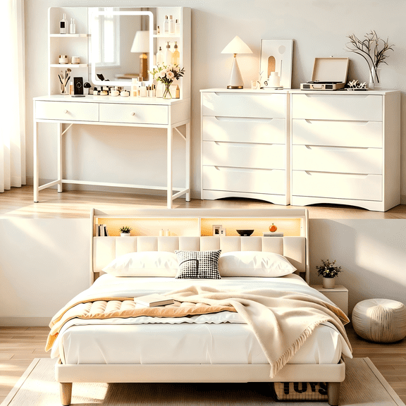 Bedroom Furniture Set,Lofka Queen Bed Frame, 2 Wood 4 Drawer Dressers &Vanity Desk with Table, Mirror and Lights for Large Bedrooms