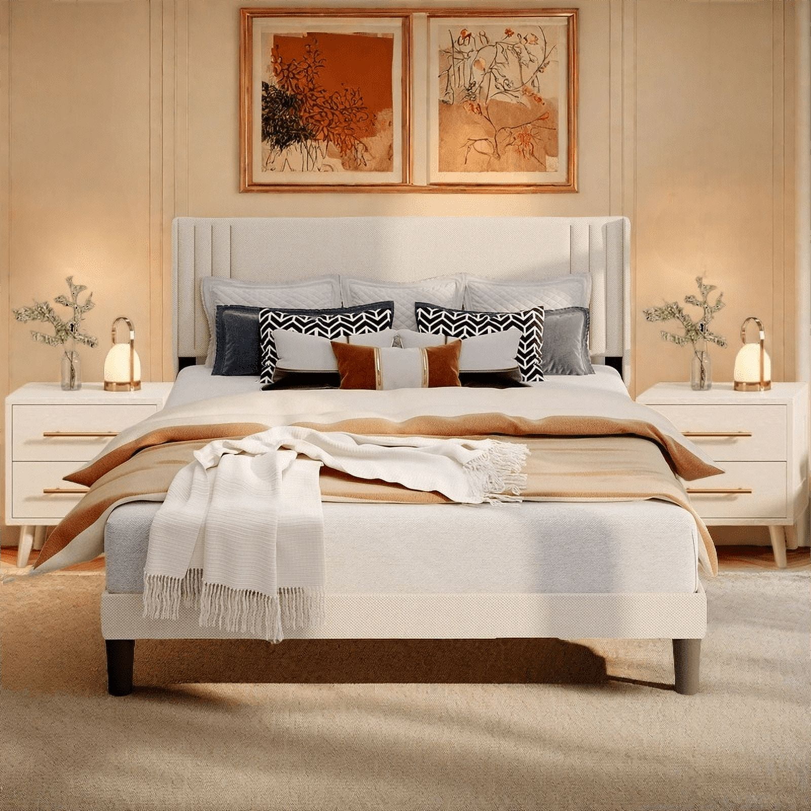 Lofka Queen Bedroom Furniture Set with One Queen Size Bed Frame and Two White Nightstands for Apartment | Dorm