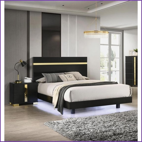Bedroom Furniture Set, Modern Black Eastern King Bed with 2 Nightstands, LED Lights, Acrylic Trim | Engineered Wood,Metal | Standard Beds