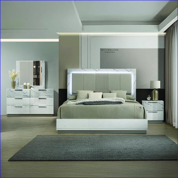 Bedroom Furniture Set, Queen 4-Piece with LED Lighting, Two-Tone Marble & Lacquer Ivory Finish | Standard Beds | Combo Dressers