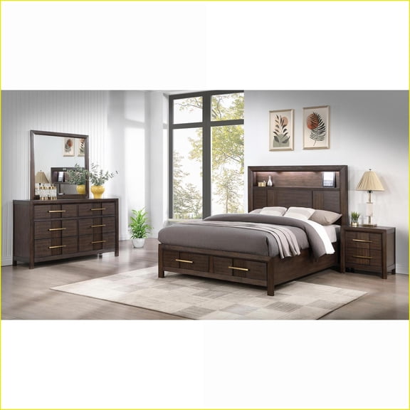 Bedroom Furniture Set Queen 4PC Modern Walnut with Storage, LED Headboard, Bluetooth | Bookcase Beds | Double Dressers