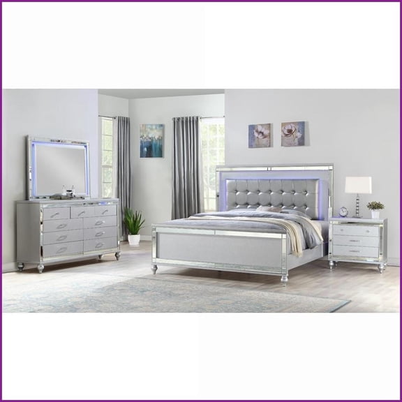 Bedroom Furniture Set Queen 4PC Silver Wood with LED Lights Crystal Tufted Headboard | Wood | Double Dressers