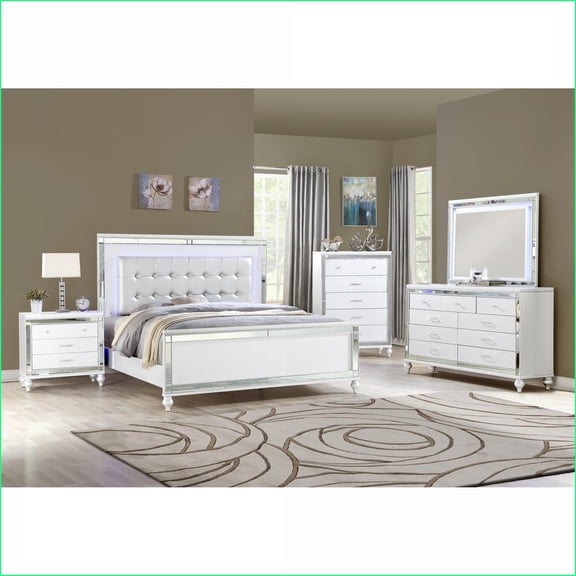 Bedroom Furniture Set, Queen 5 PC White Wood Glamour Elegance with LED Lights & Storage | Wood | Standard Beds