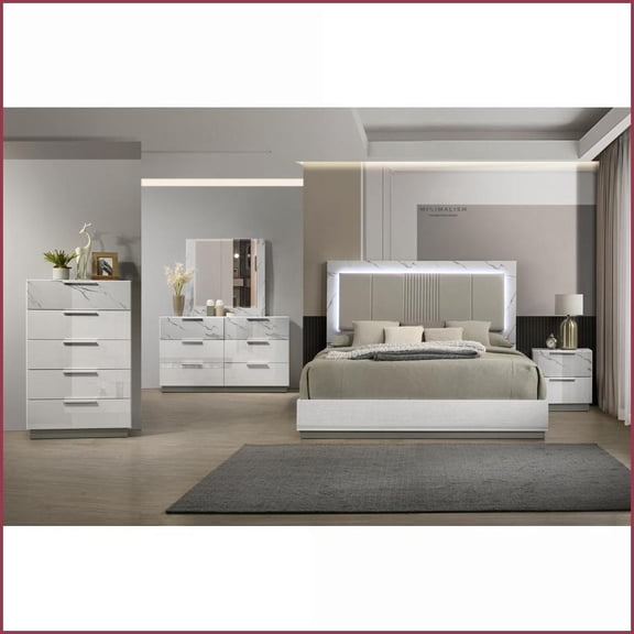 Bedroom Furniture Set Queen 5-Piece with LED Headboard & Velvet-Lined Drawers | White Marble Lacquer | Standard Beds | Combo Dressers