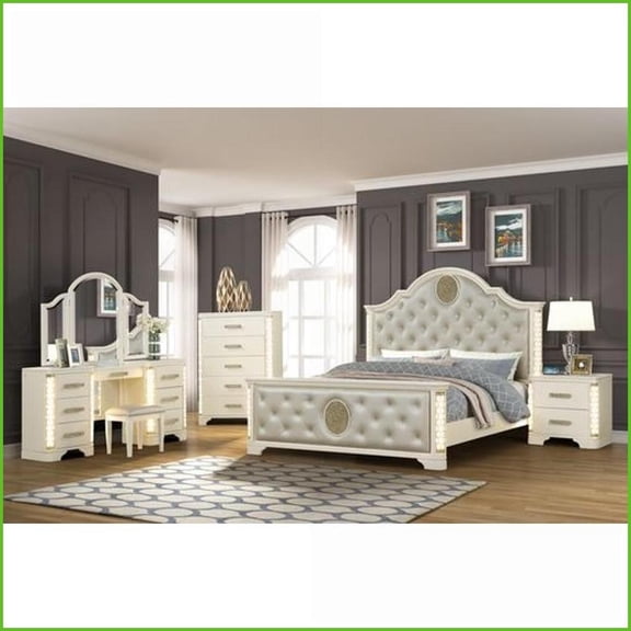 Bedroom Furniture Set Queen 5-Piece with LED Lights, Champagne Beige Wood Traditional Style | Wood | Standard Beds