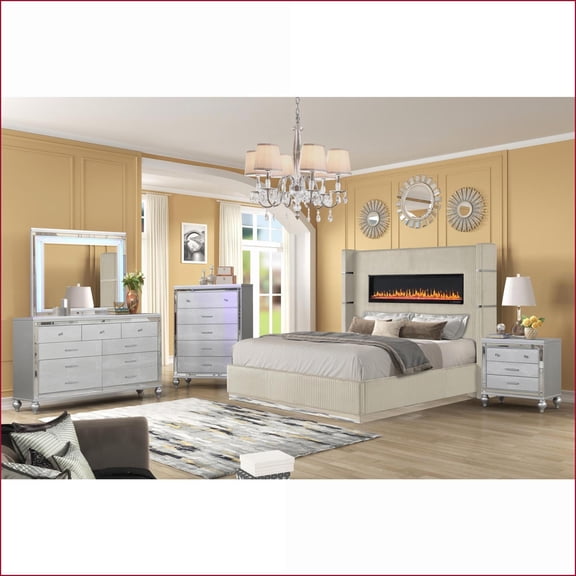Bedroom Set Queen 5PC Modern Beige Velvet Wooden with Ambient Fireplace, USB/Bluetooth | Novelty Beds | Double Dressers