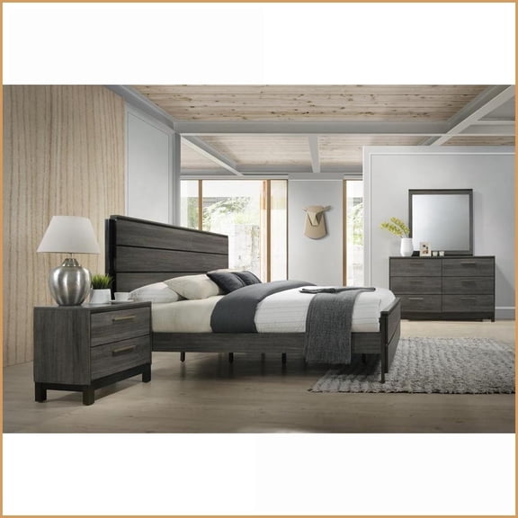 Bedroom Furniture Set Queen Bed Dresser Mirror Nightstand | Modern Antique Grey Wood | Gray | Wood