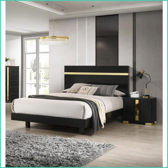 Bedroom Furniture Set Queen Size Modern Black/Gold 3pc with Underbed LED | Engineered WoodMetal | Standard Beds