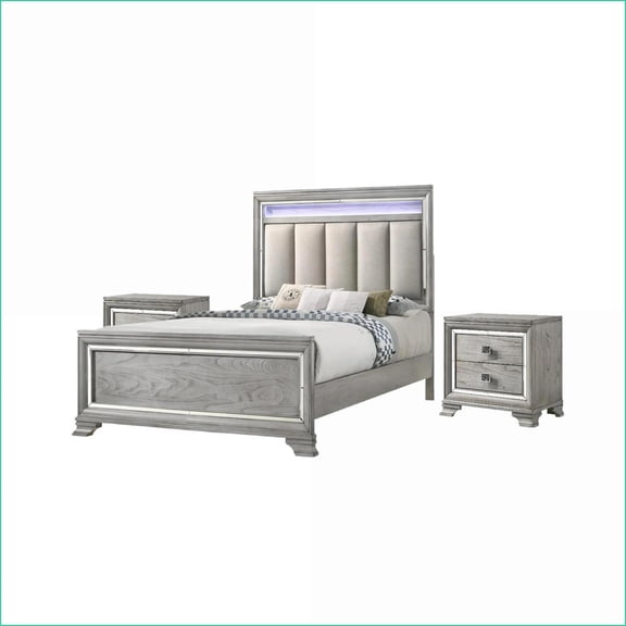 Bedroom Furniture Set Queen Size Modern LED Tufted Headboard 2 Nightstands Soft Gray | Gray | Solid Wood