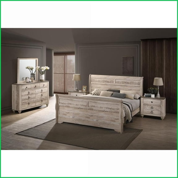 Bedroom Furniture Set Queen Sleigh Bed Dresser Mirror 2 Nightstands | White Wash Shabby-Chic | Sleigh Beds | Wood