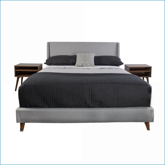 Bedroom Furniture Set | Queen Upholstered Bed + 2 Light Walnut Nightstands | Stone Color | Upholstered | Light Gray