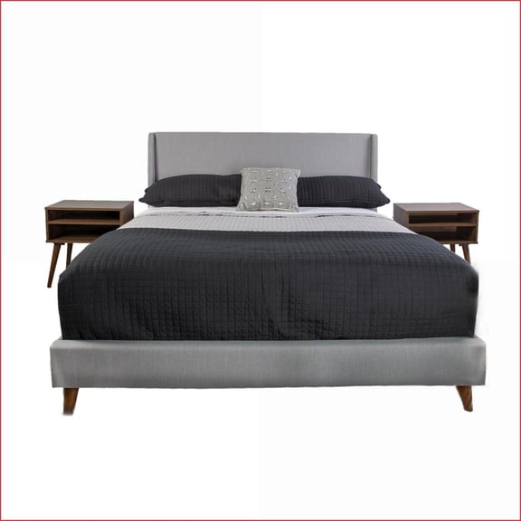 Bedroom Furniture Set | Queen Upholstered Bed with 2 Light Walnut Nightstands | Light Gray | Upholstered | Standard Beds