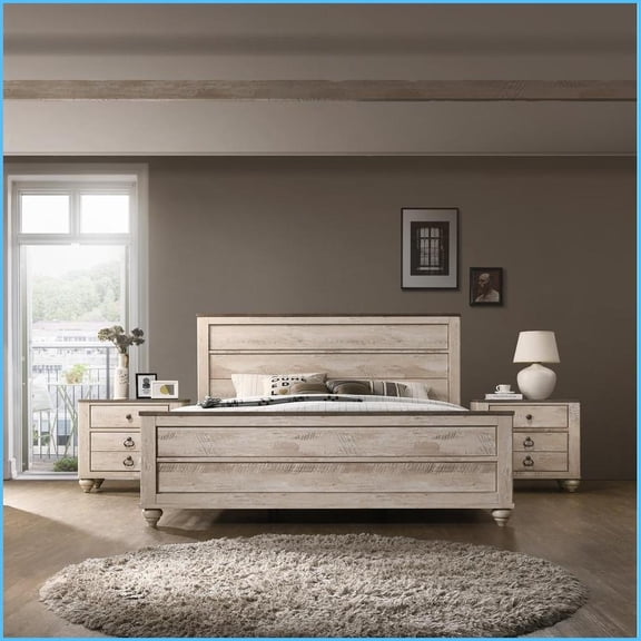 Bedroom Furniture Set Queen with 2 Nightstands Industrial Chic White Wash Solid Wood | Wood | Standard Beds