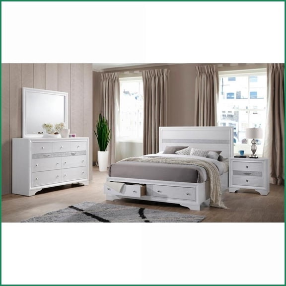 Bedroom Furniture Set Traditional Queen 4-Pc with Storage Engineered Wood White | Standard Beds | Double Dressers