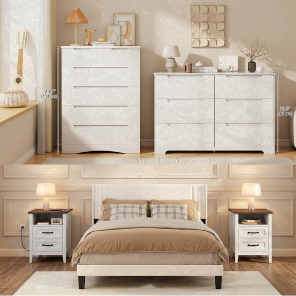 Bedroom Furniture Sets, Asofer 2 Nightstands, 2 6-Drawer Dressers, Queen Bed Frame, White