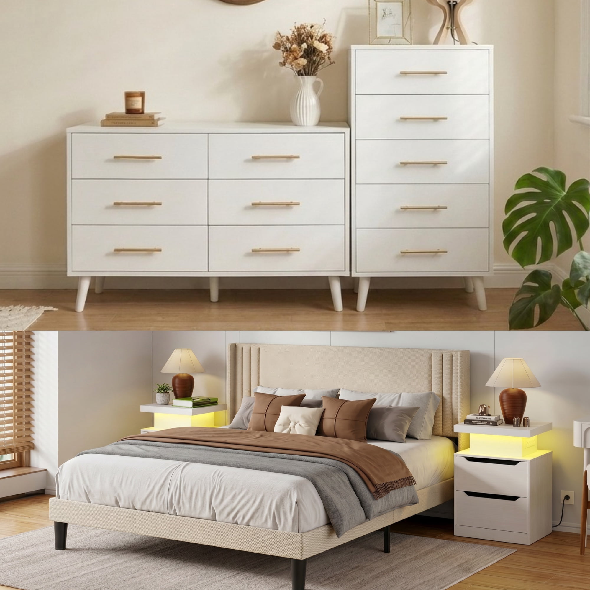 Bedroom Furniture Sets, Asofer 2 Nightstands, 5-Drawer Dressers & 6-Drawer Dressers, Queen Bed Frame