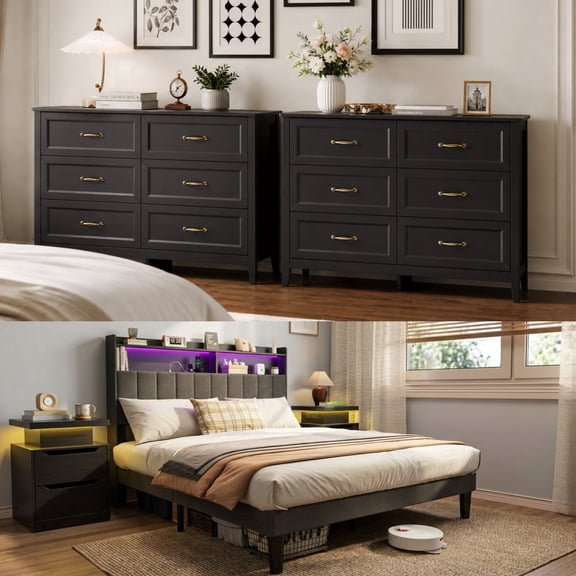 5 - Piece Black Queen Bedroom Furniture Sets, Asofer 2 Nightstands, Two 6-Drawer Dresser, Queen Bed Frame with Smart Charging Headboard