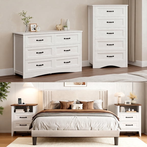 Bedroom Furniture Sets, Asofer Queen Size Beige Bed Frame with Headboard, 2 Nightstands, 5-Drawer Dresser & 6-Drawer Dresser, White