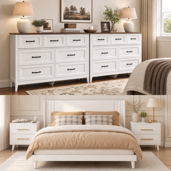Asofer 5-Piece Queen Size Bedroom Set with Headboard, 2 Nightstands, and Two 7-Drawer Dressers, White