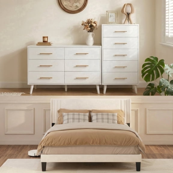 Bedroom Furniture Sets, Asofer White Room Set Includes Queen Bed Frame, 5-Drawer Dresser & 6-Drawer Dresser
