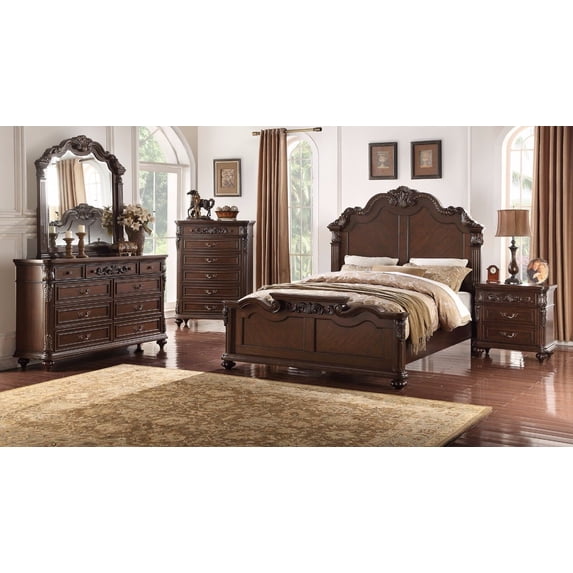 Bedroom Furniture Traditional Formal Queen Size Bed Dresser Mirror 2x Nightstands Chest 6pcs Set Dark Brown Plywood