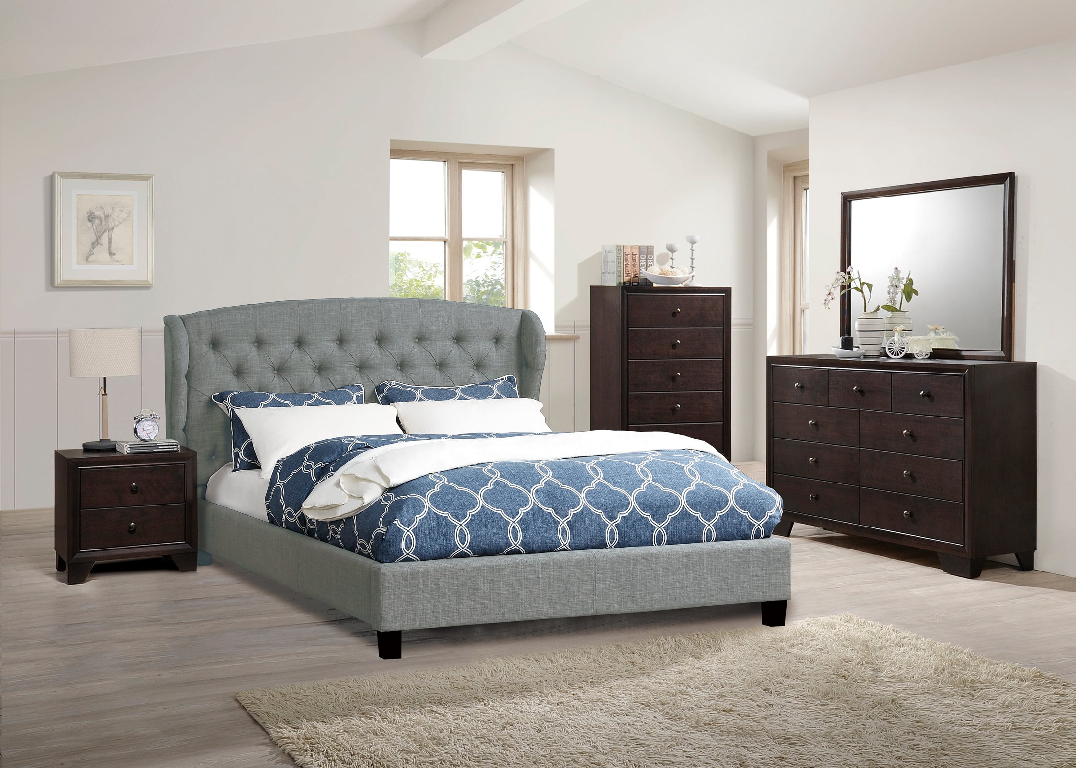 Bedroom Furniture Tufted HB Eastern King size bed white Dresser Mirror  Nightstand 4pc Set Grey Polyfiber fabric - Walmart.com