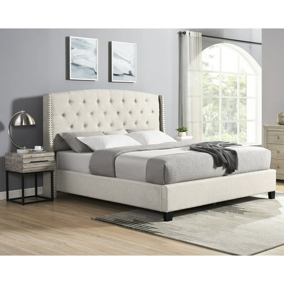 Bedroom Furniture With Wingback Queen Bed And Two Nightstands, Contemporary 3 Suite, Nightstands For