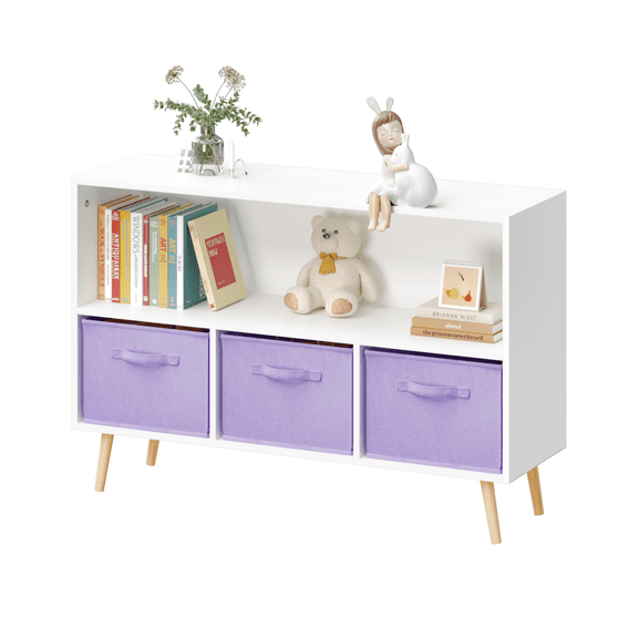 Bedroom Furniture bookcase with Collapsible Fabric Drawers, 's Book Display, Toy Storage Cabinet Organizer, White/Purple,Cribs
