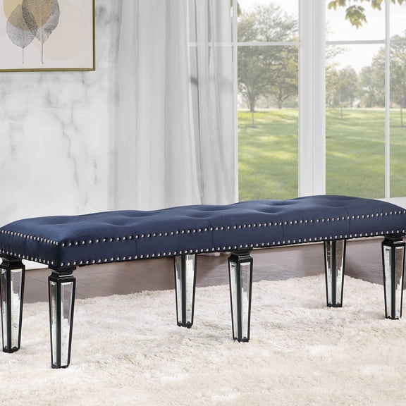 Bedroom Glamour Bench In Dark Navy Velvet With Seat And Mirrored Leg Captivation Style Elegance Fascination
