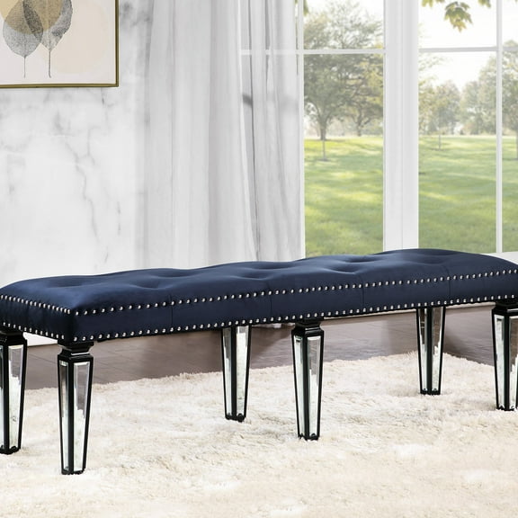 Bedroom Glamour Bench In Dark Navy Velvet With Seat And Mirrored Leg Fascination Style Elegance Allure