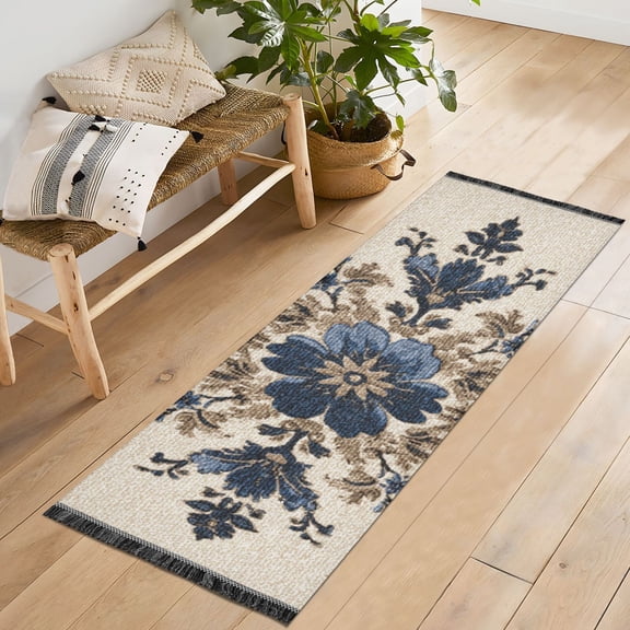 Bedroom Hallway Indoor Outdoor Mat With Rubber Backing Runner Rug Long Beige Dark Blue Flowers