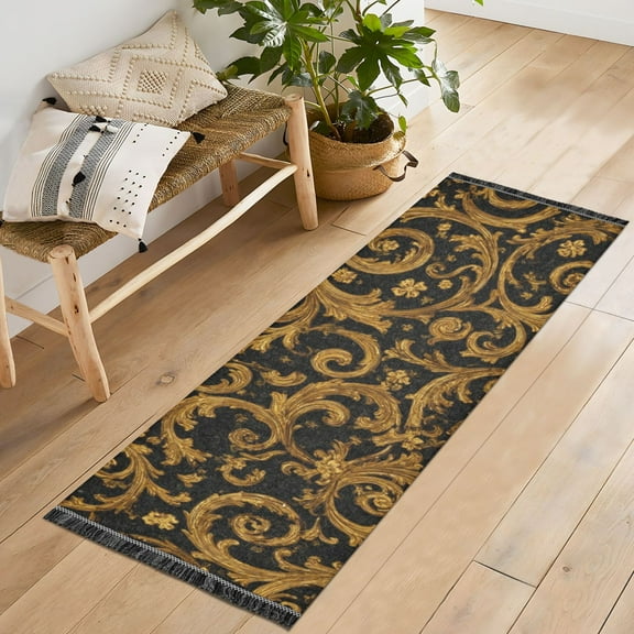 Bedroom Hallway Indoor Outdoor Mat With Rubber Backing Runner Rug Long Black&gold Baroque Pattern