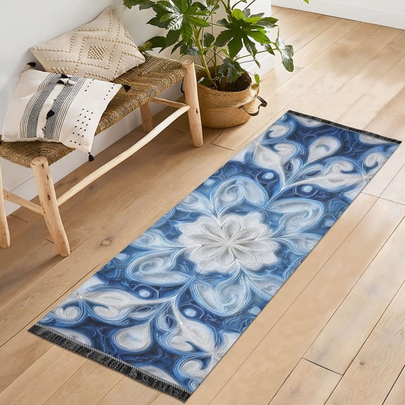 Bedroom Hallway Indoor Outdoor Mat With Rubber Backing Runner Rug Long Blue Snowflake