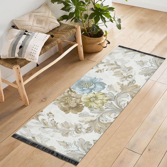Bedroom Hallway Indoor Outdoor Mat With Rubber Backing Runner Rug Long Elegant Damask Pattern