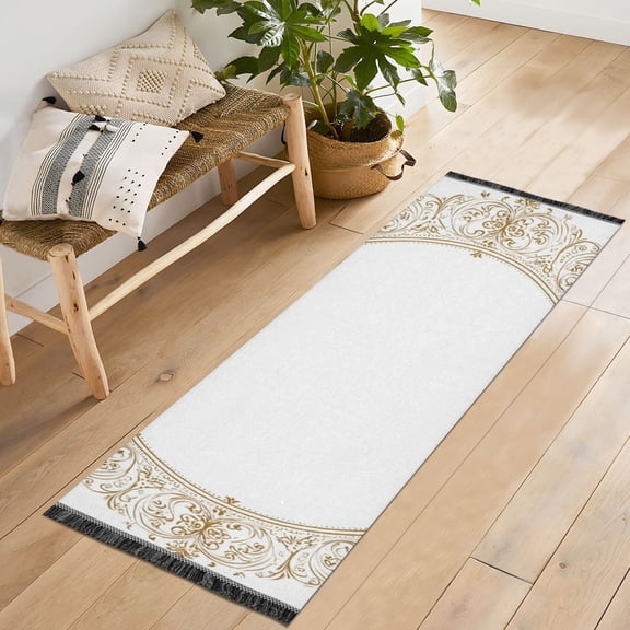 Bedroom Hallway Indoor Outdoor Mat With Rubber Backing Runner Rug Long Gold Intricate Design