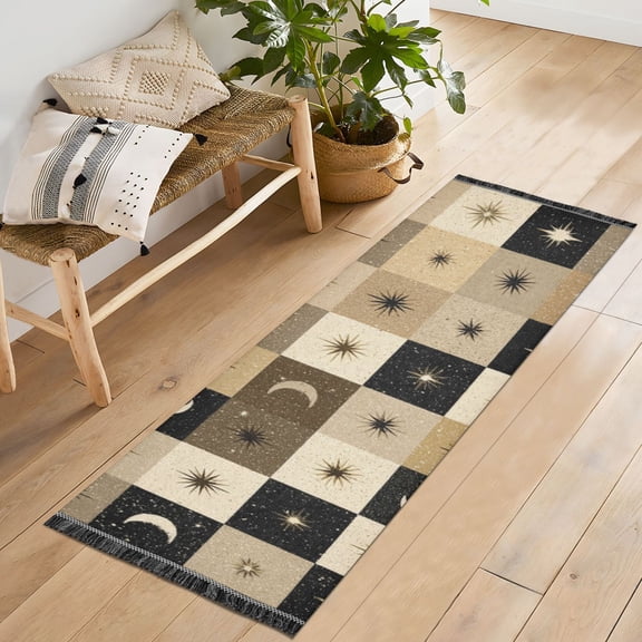 Bedroom Hallway Indoor Outdoor Mat With Rubber Backing Runner Rug Long Moons Stars Checkered Squares